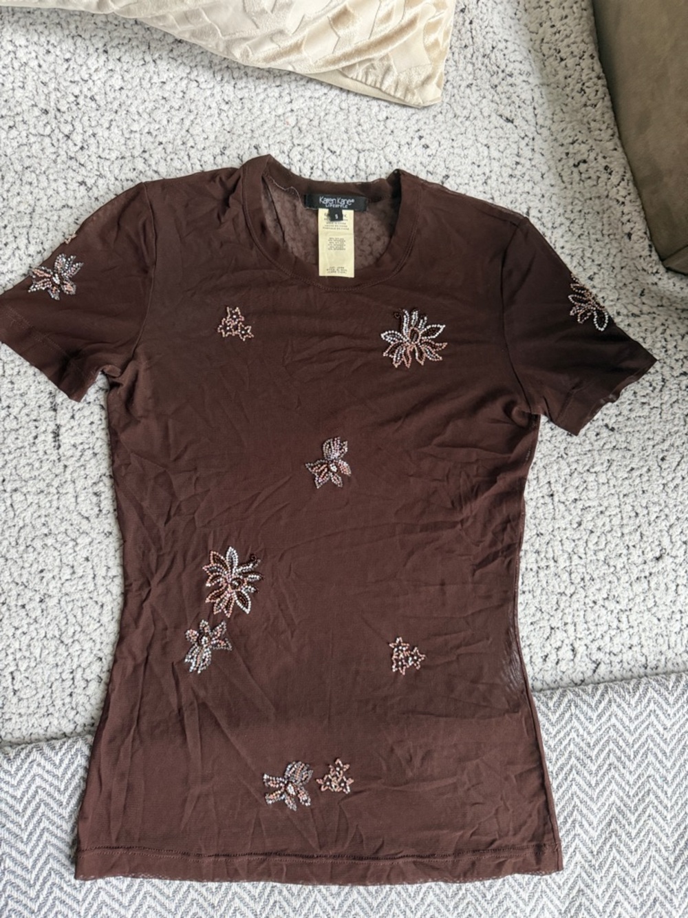 Karen Kane Brown Short-Sleeve Tee with Beaded Floral Motifs